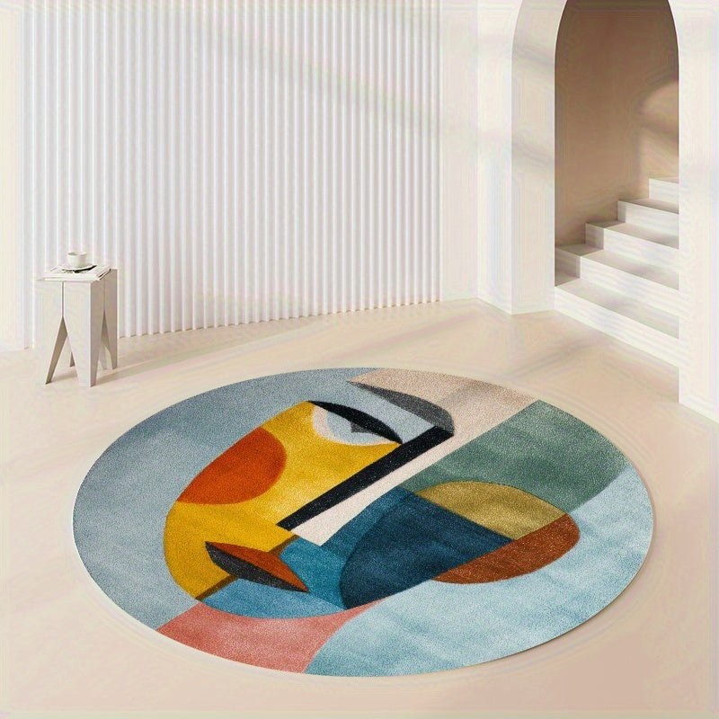 Tapis rond coloré à visage cubiste, bleu ciel, jaune et rose