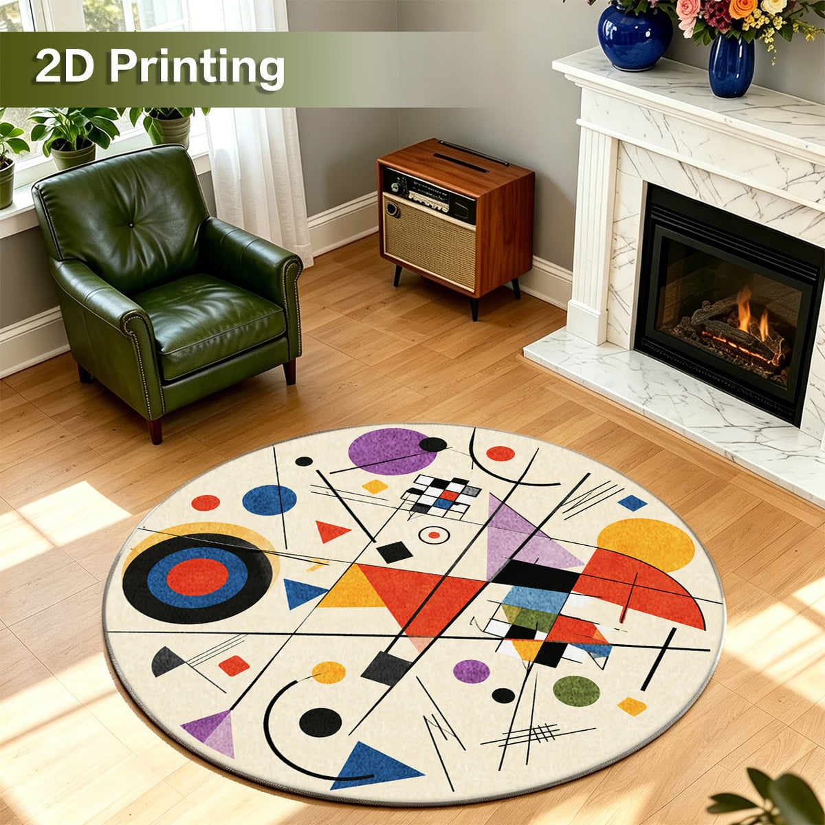 Tapis rond composition Bauhaus sur fond crème, 4 tailles