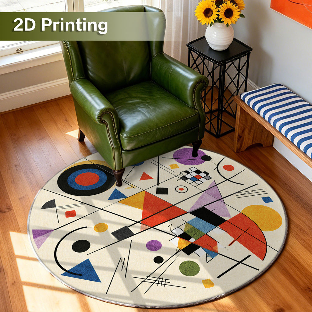 Tapis rond composition Bauhaus sur fond crème, 4 tailles