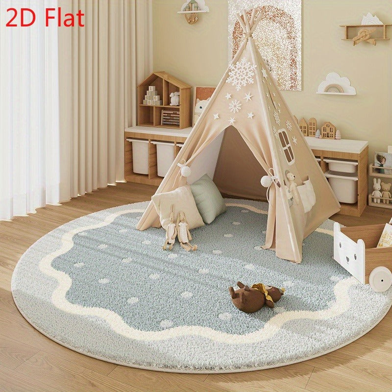 Tapis rond à contour festonné, bleu à pois ou jaune moutarde