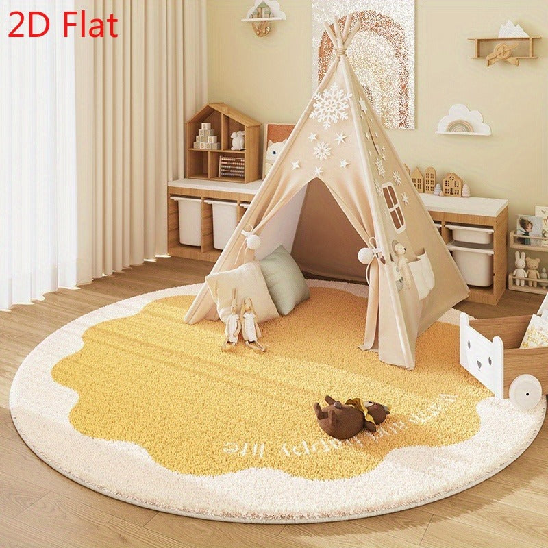 Tapis rond à contour festonné, bleu à pois ou jaune moutarde