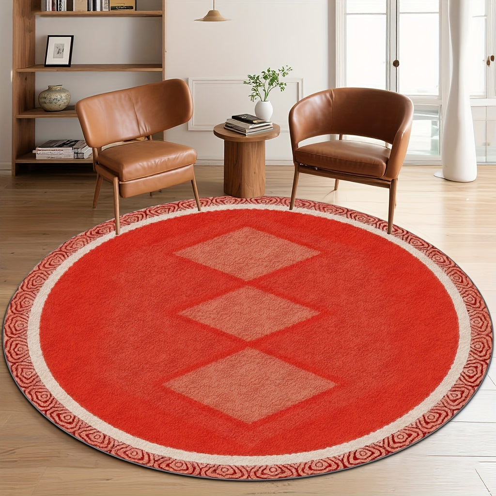Tapis rond corail à losanges et bordure tressée, 4 tailles