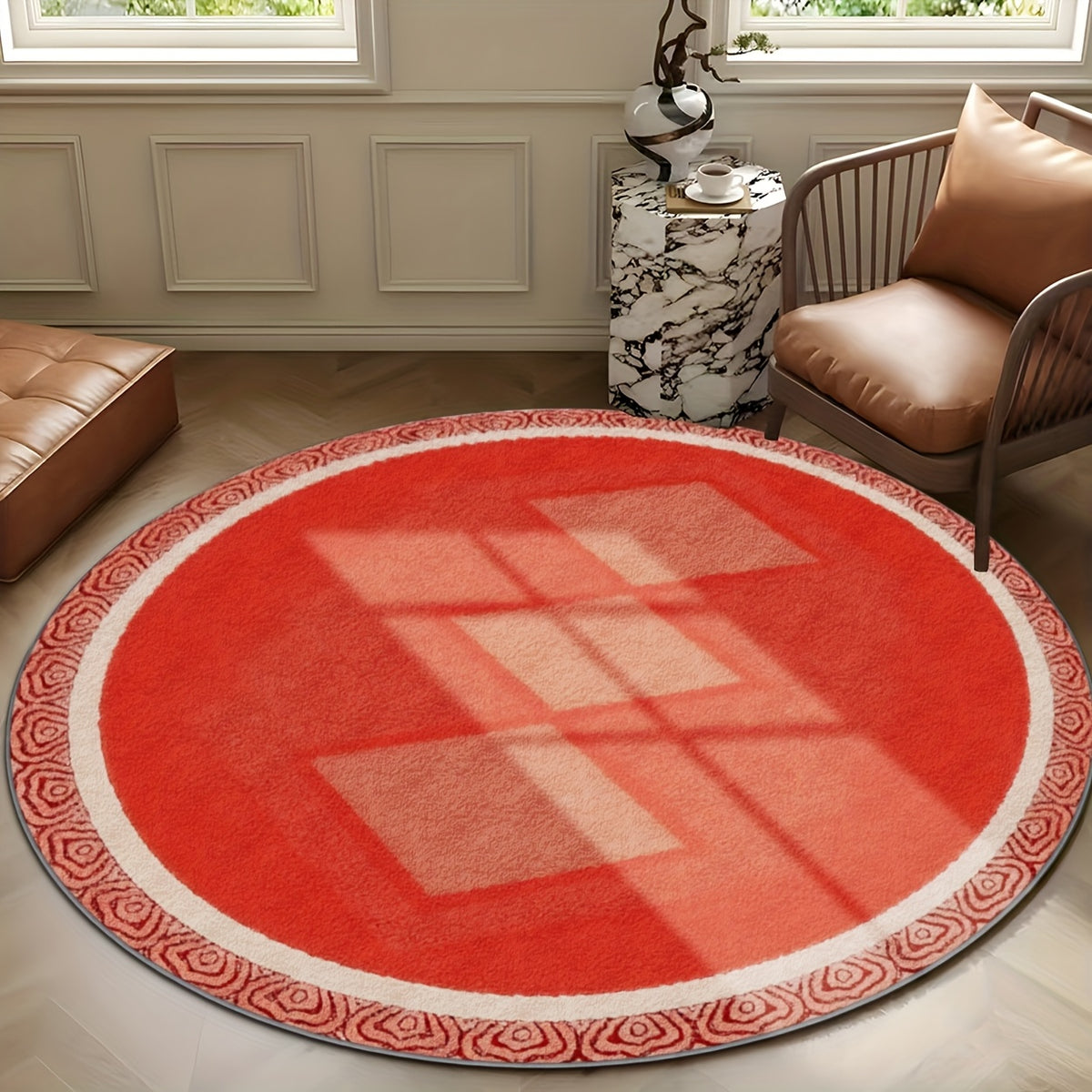 Tapis rond corail à losanges et bordure tressée, 4 tailles