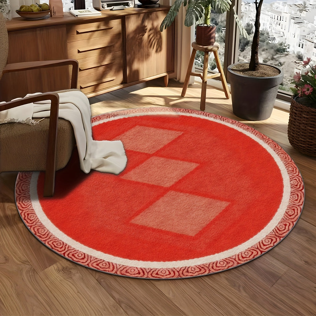 Tapis rond corail à losanges et bordure tressée, 4 tailles