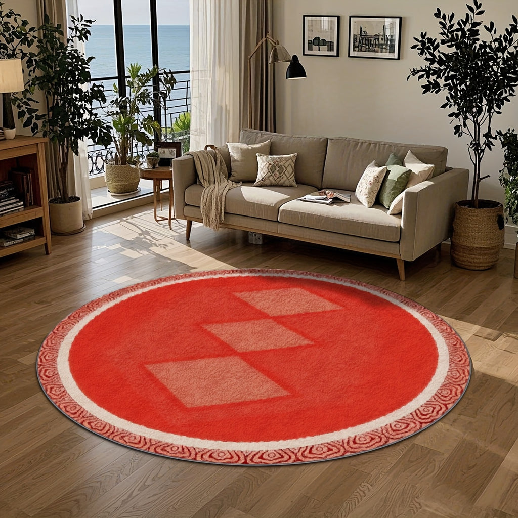 Tapis rond corail à losanges et bordure tressée, 4 tailles