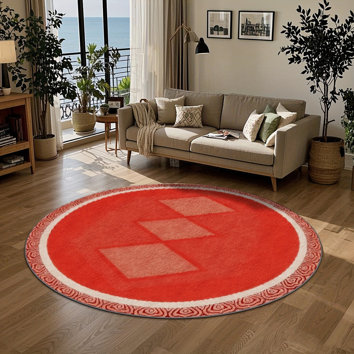 Tapis rond corail à losanges et bordure tressée, 4 tailles