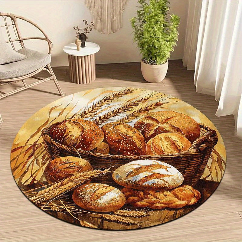 Tapis rond nature morte de boulangerie, pains et épis dorés