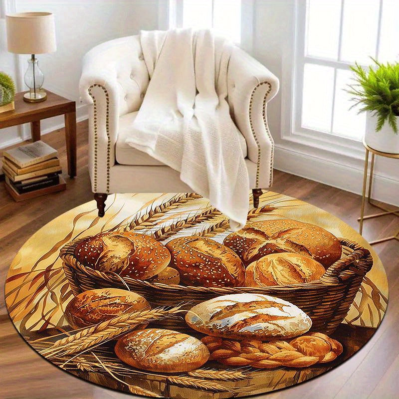 Tapis rond nature morte de boulangerie, pains et épis dorés