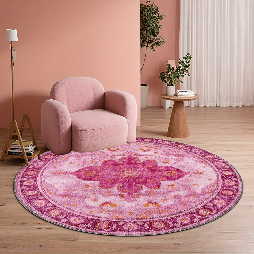 Tapis rond fuchsia à grand médaillon floral, Ø 80 à 200 cm