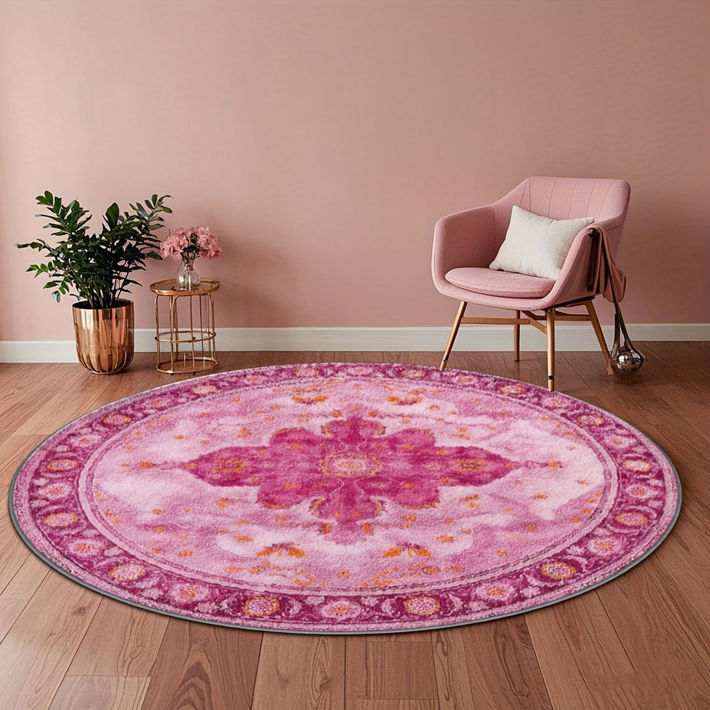 Tapis rond fuchsia à grand médaillon floral, Ø 80 à 200 cm