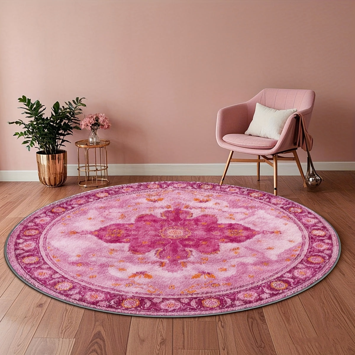 Tapis rond fuchsia à grand médaillon floral, Ø 80 à 200 cm