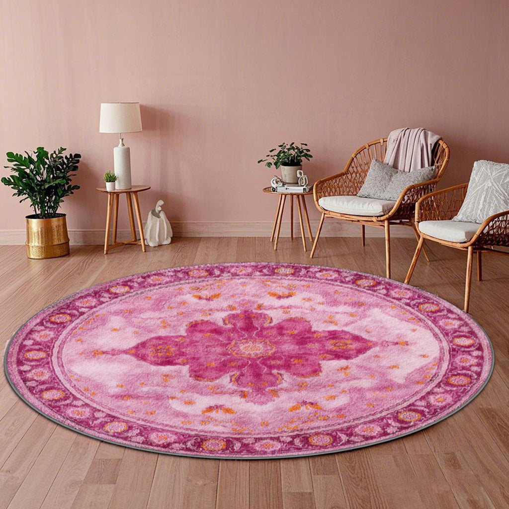 Tapis rond fuchsia à grand médaillon floral, Ø 80 à 200 cm
