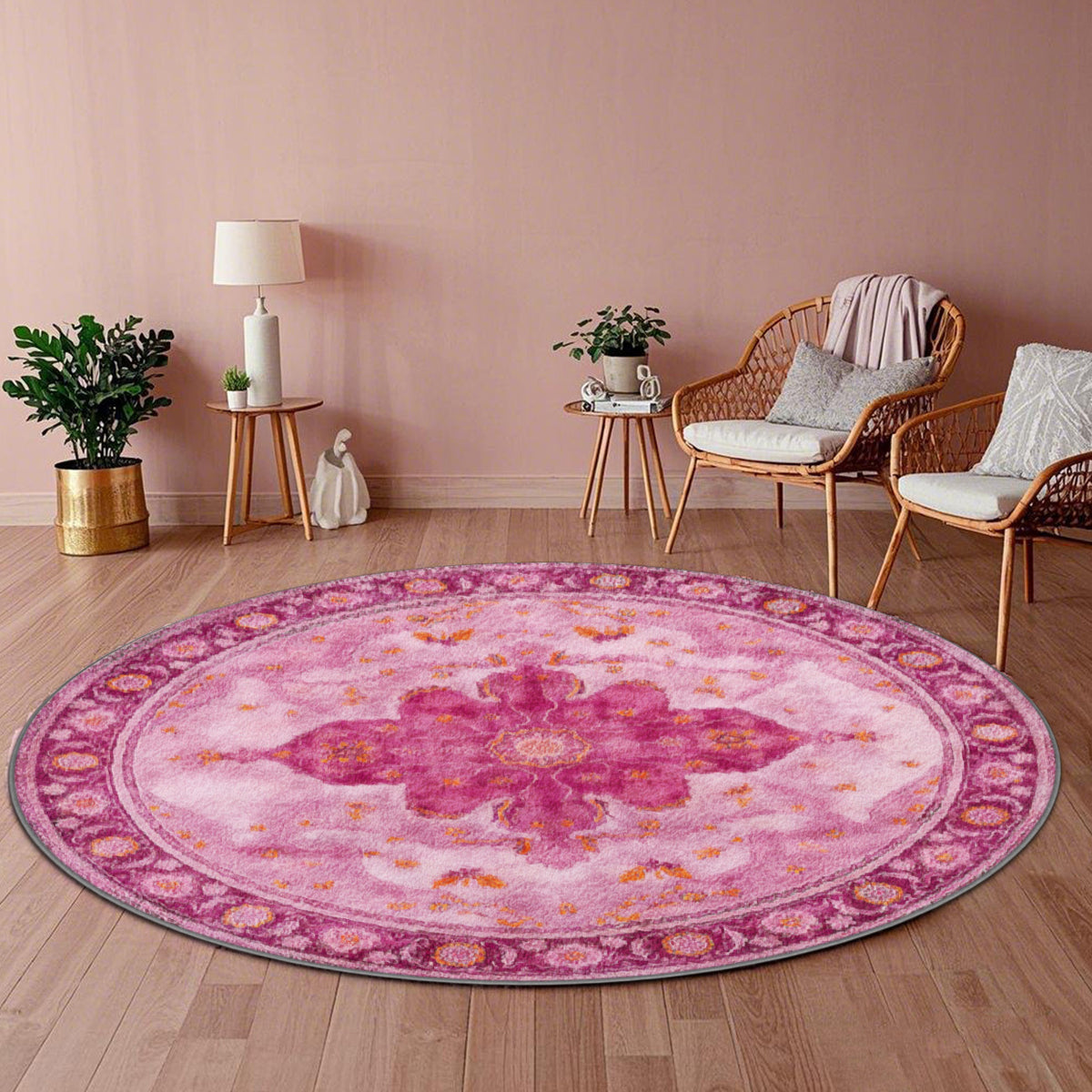 Tapis rond fuchsia à grand médaillon floral, Ø 80 à 200 cm