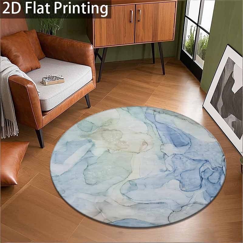 Tapis rond bleu et vert d'eau, encre marbrée imprimée plat