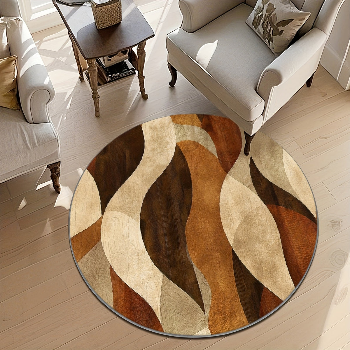 Tapis rond à courbes dorées et brunes, fond à pois de 800 g