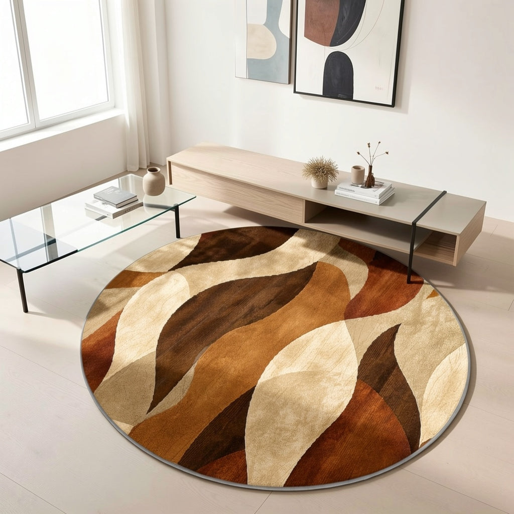 Tapis rond à courbes dorées et brunes, fond à pois de 800 g