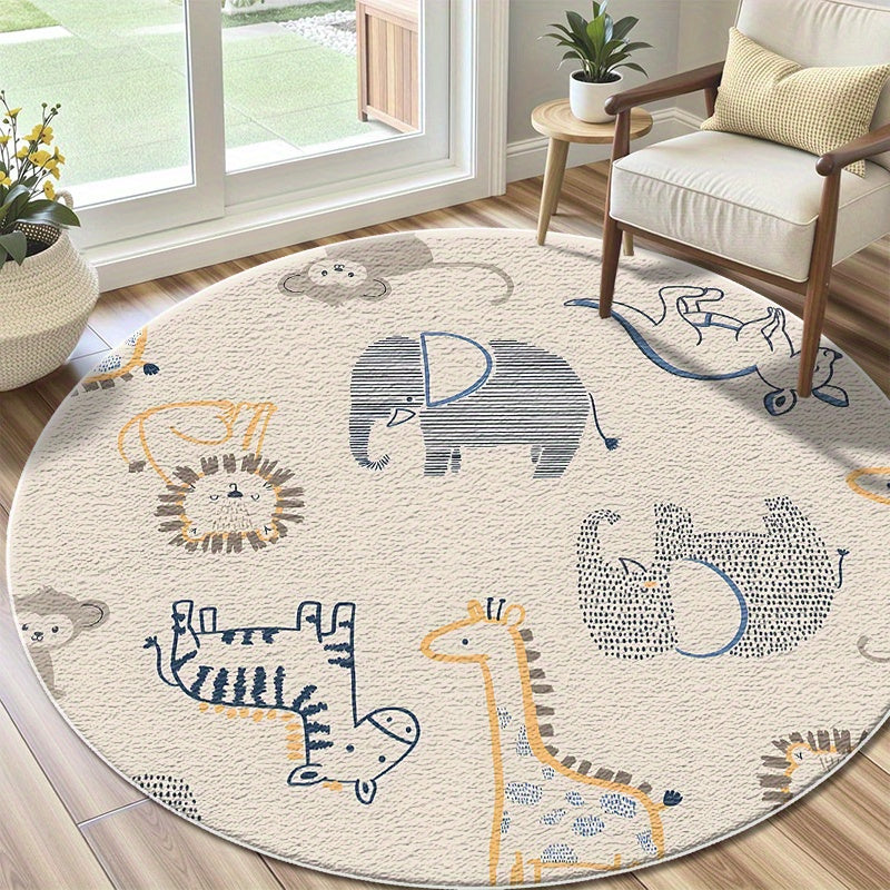 Tapis rond crème à animaux dessinés au trait, 3 diamètres