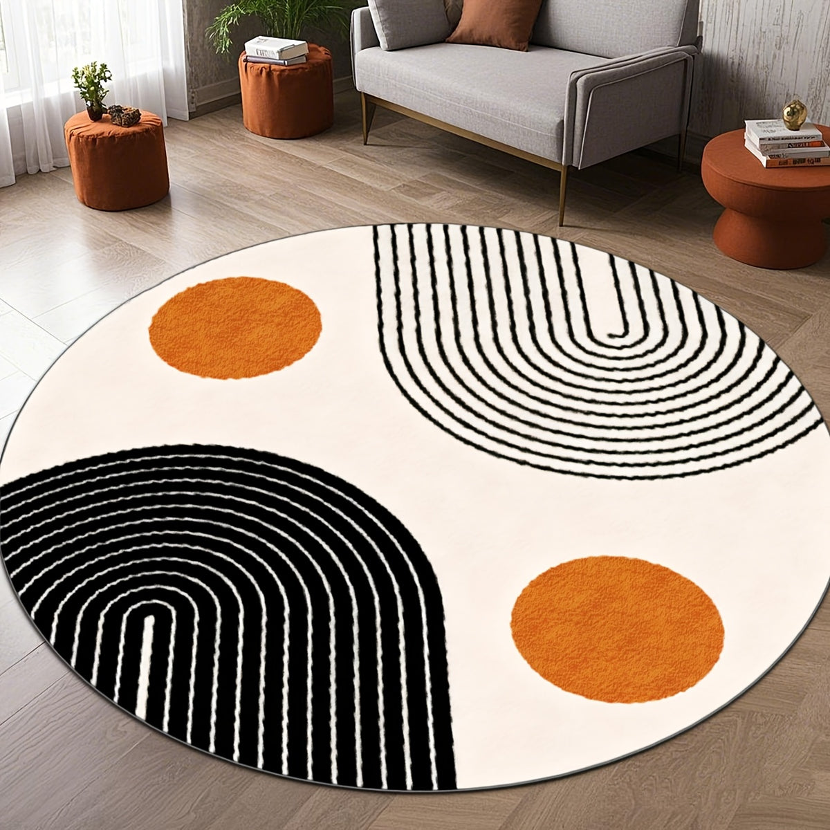 Tapis rond crème à arches noires et pois orange, Ø 200 cm