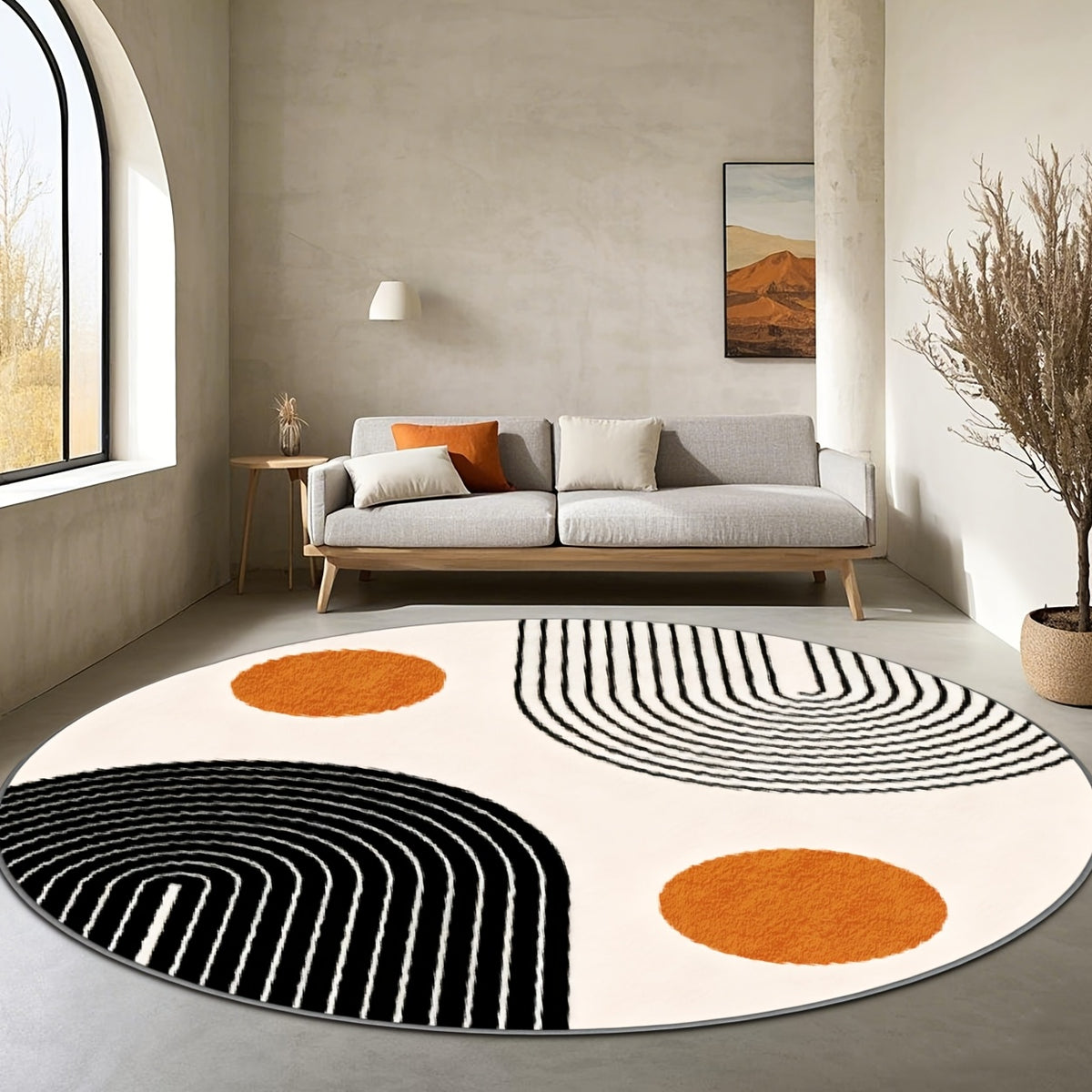 Tapis rond crème à arches noires et pois orange, Ø 200 cm