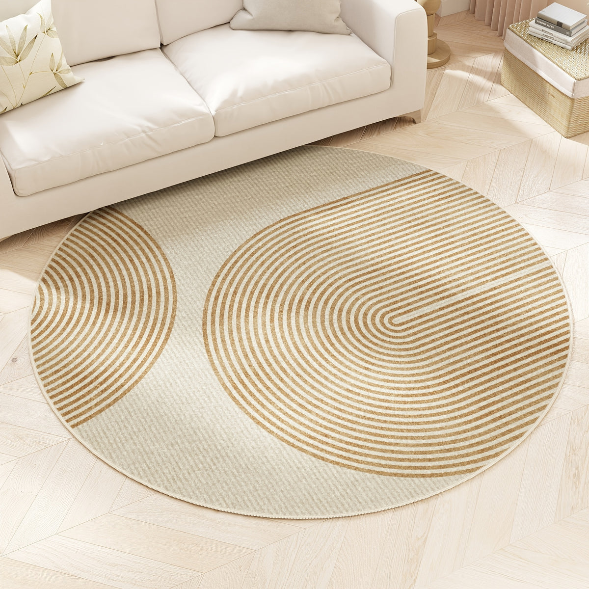 Tapis rond crème à arcs dorés wabi-sabi, lavage à la main