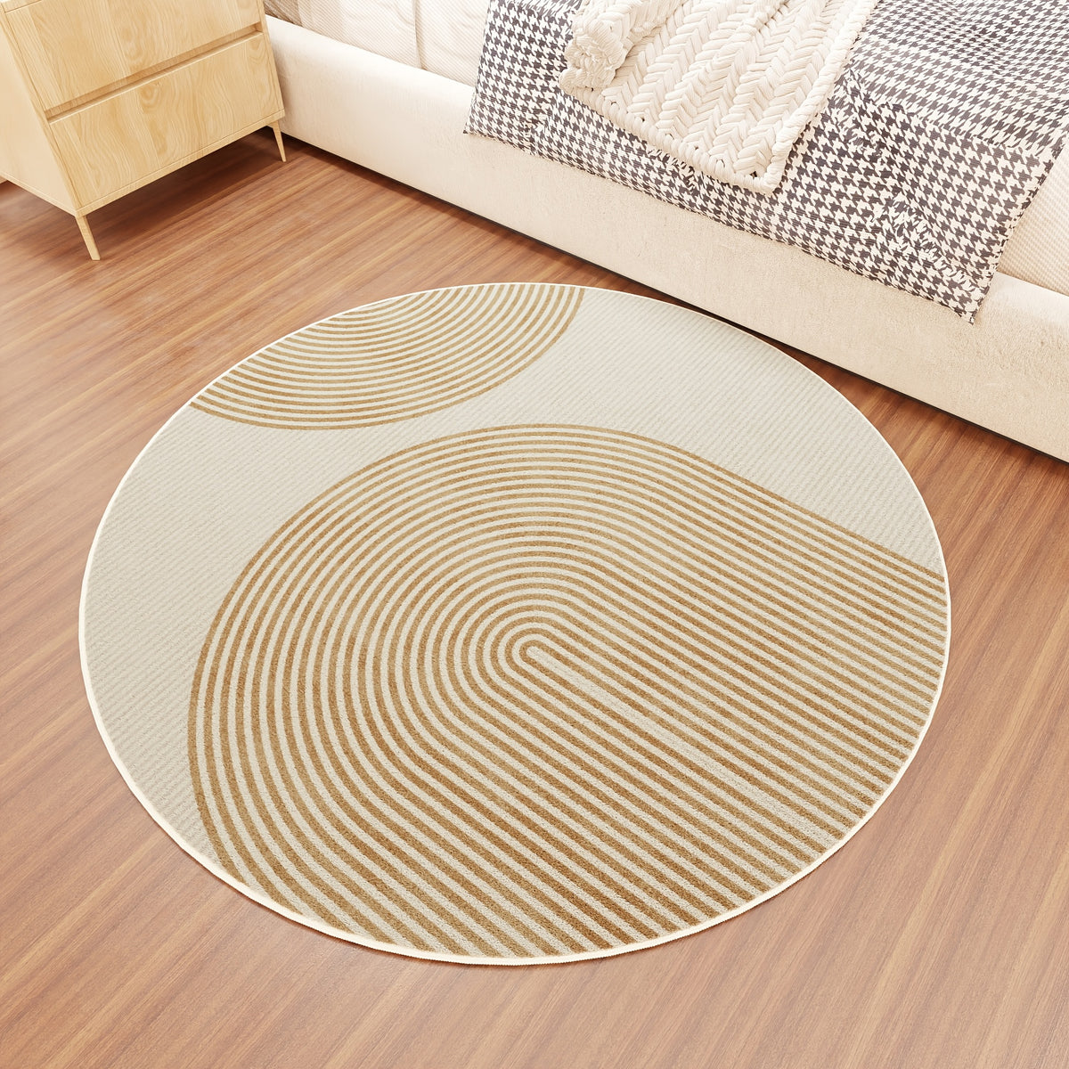 Tapis rond crème à arcs dorés wabi-sabi, lavage à la main