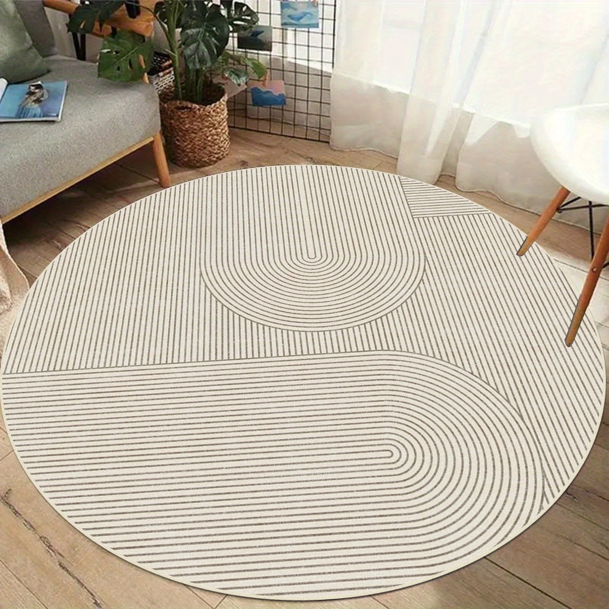 Tapis rond crème à arcs peignés, velours bouclé 900 g/m²