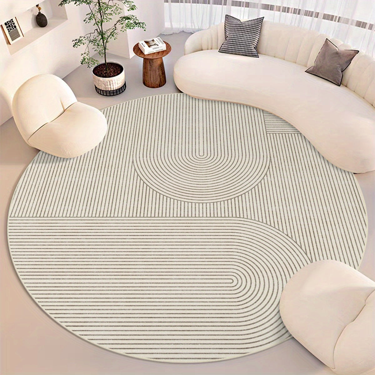 Tapis rond crème à arcs peignés, velours bouclé 900 g/m²