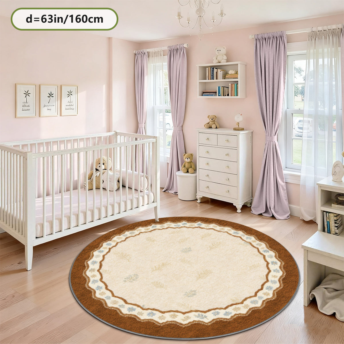 Tapis rond crème à large bord festonné brun, semis de brins