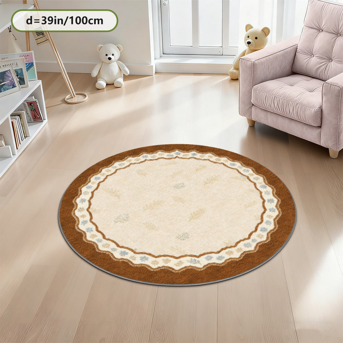 Tapis rond crème à large bord festonné brun, semis de brins