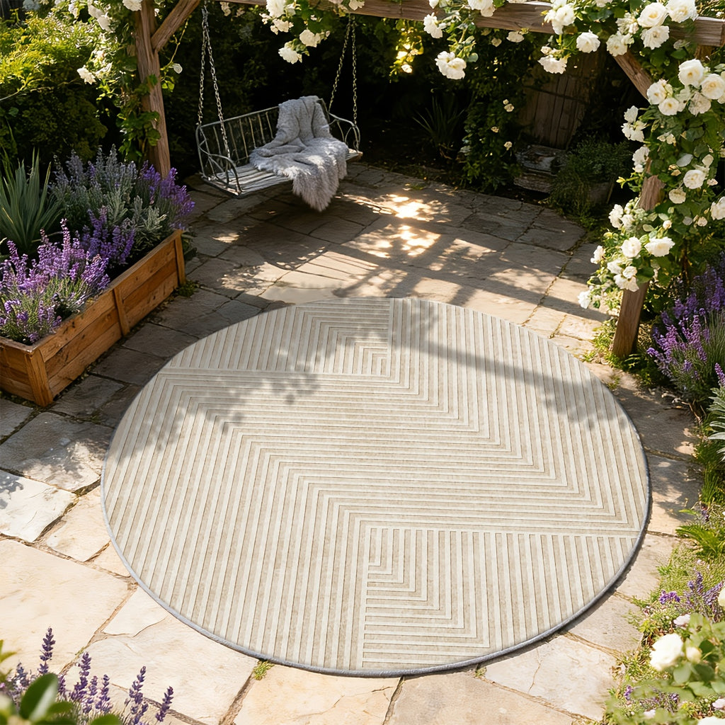 Tapis rond crème à fins chevrons géométriques ton sur ton