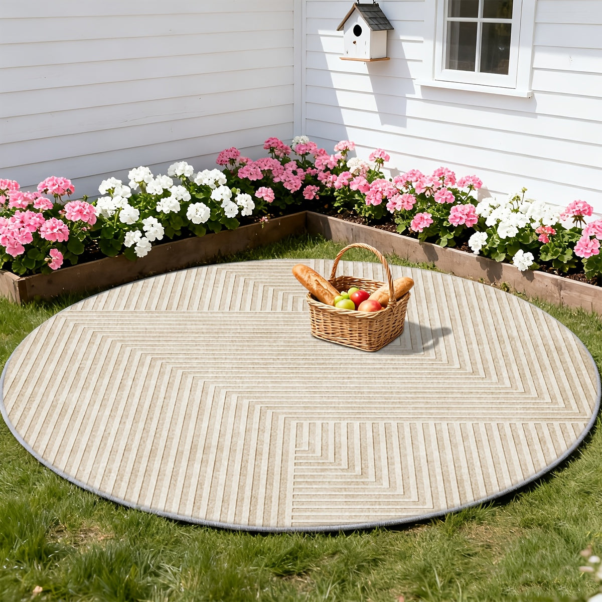 Tapis rond crème à fins chevrons géométriques ton sur ton