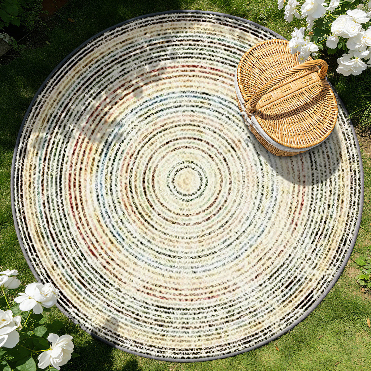 Tapis rond crème chiné à cercles mouchetés multicolores