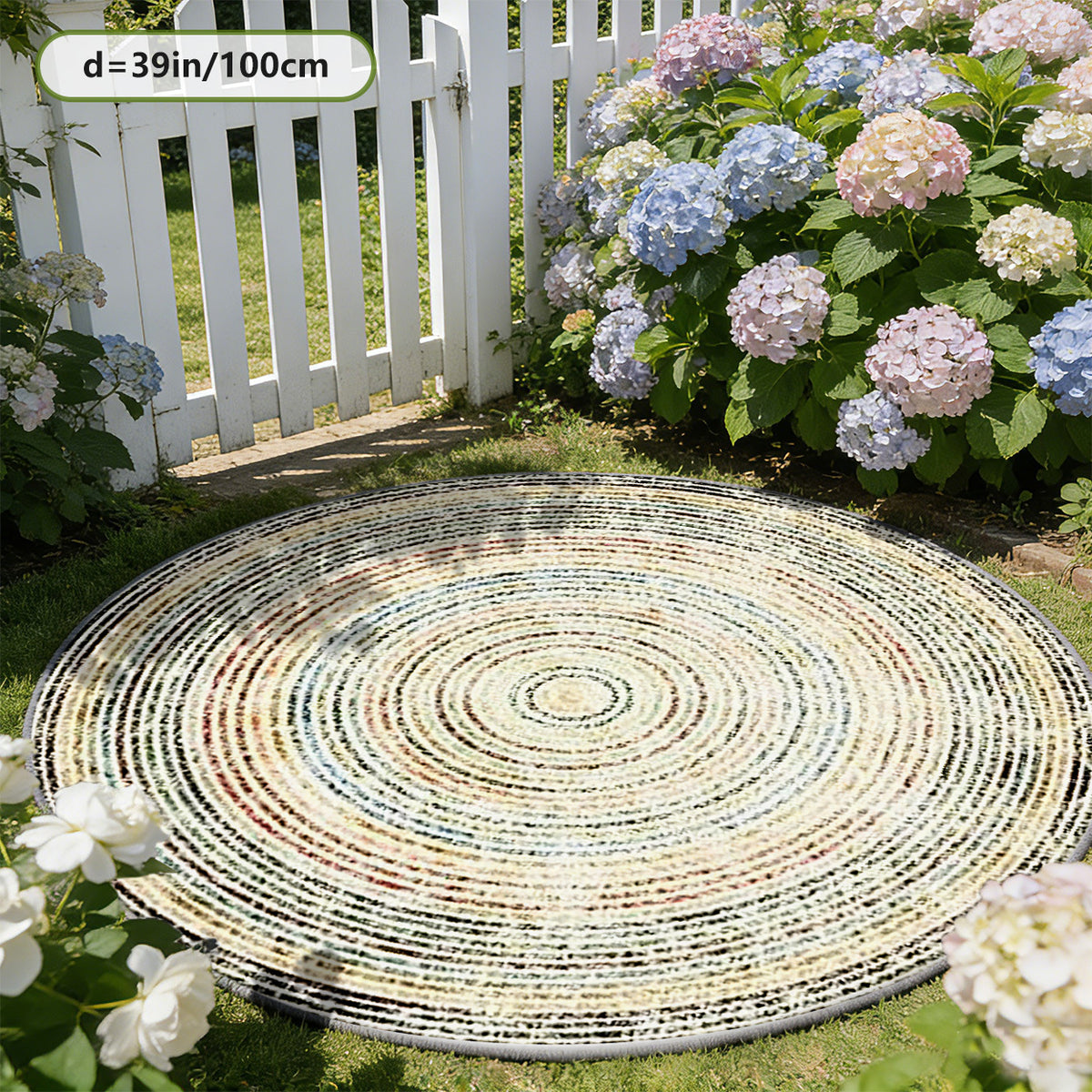 Tapis rond crème chiné à cercles mouchetés multicolores