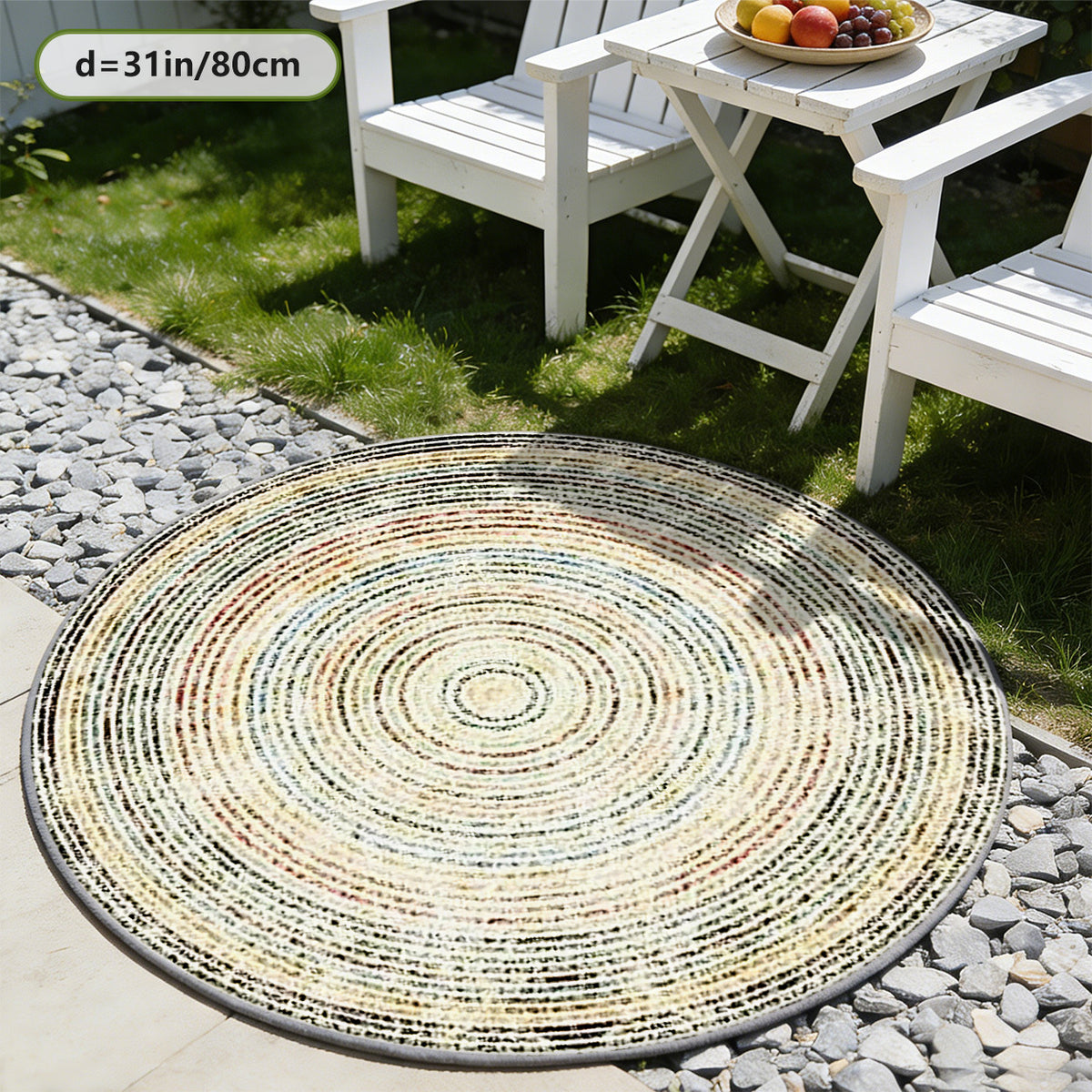 Tapis rond crème chiné à cercles mouchetés multicolores