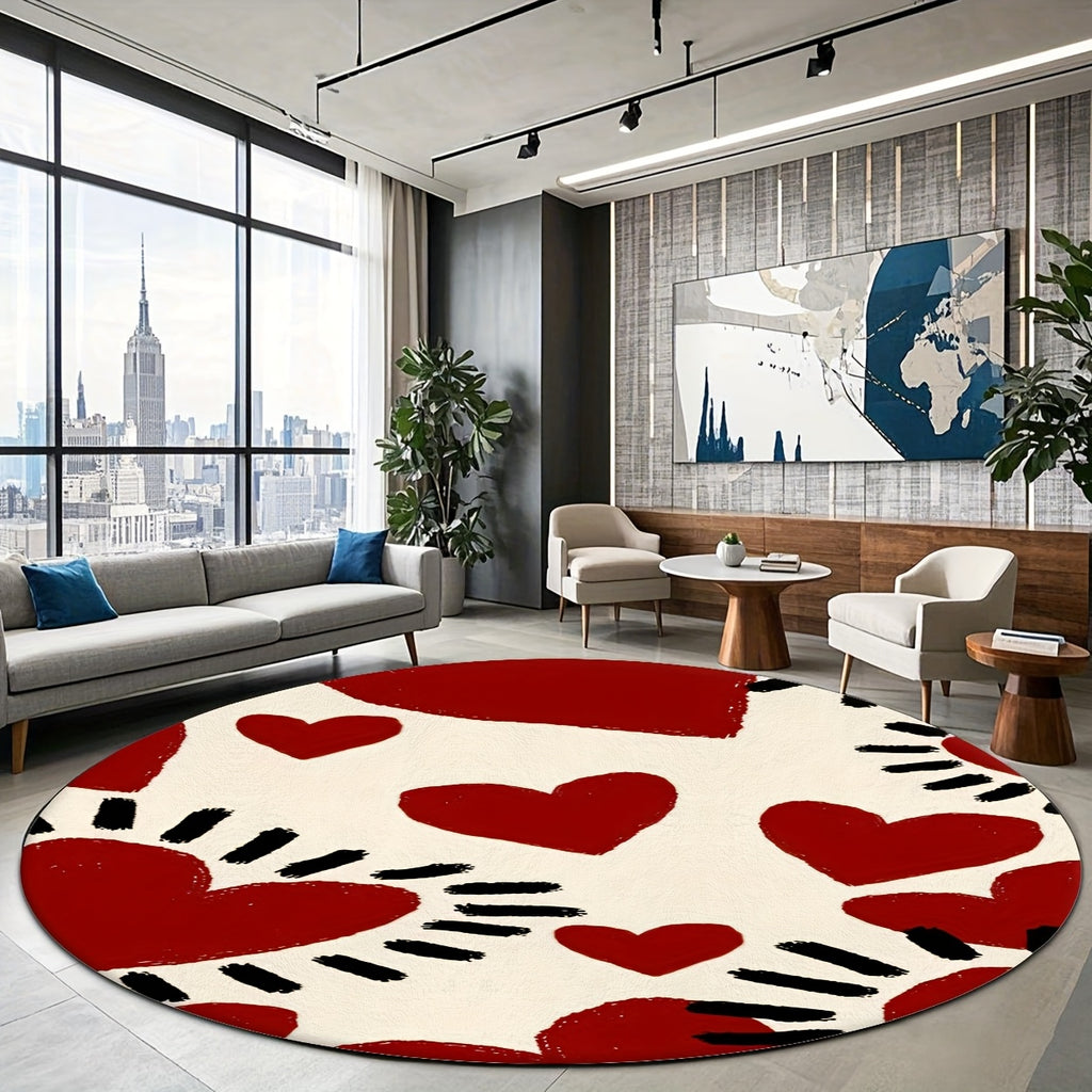 Tapis rond crème à grands cœurs rouges peints, Ø 100-200