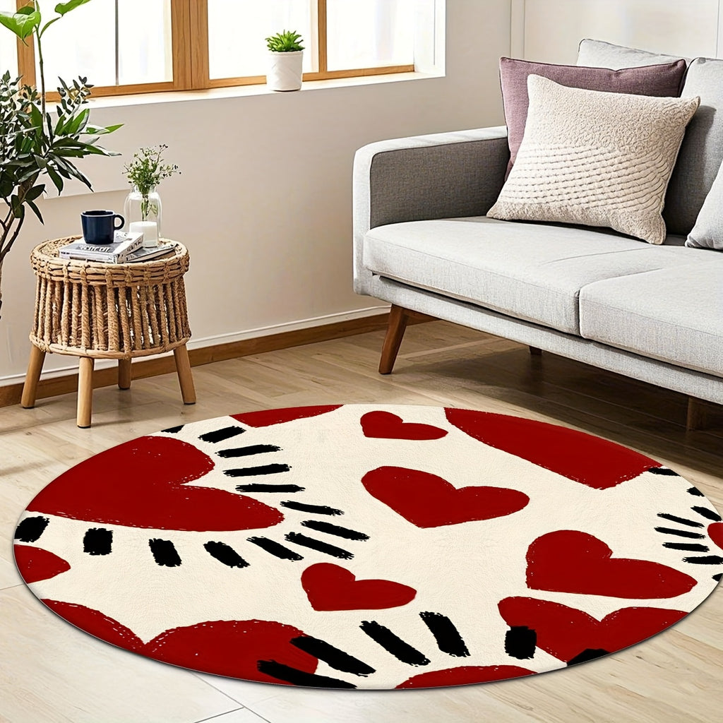 Tapis rond crème à grands cœurs rouges peints, Ø 100-200