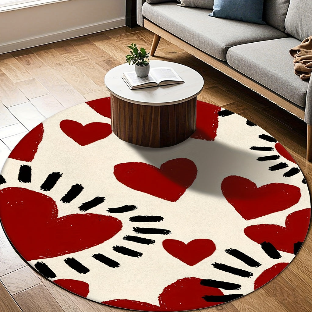 Tapis rond crème à grands cœurs rouges peints, Ø 100-200