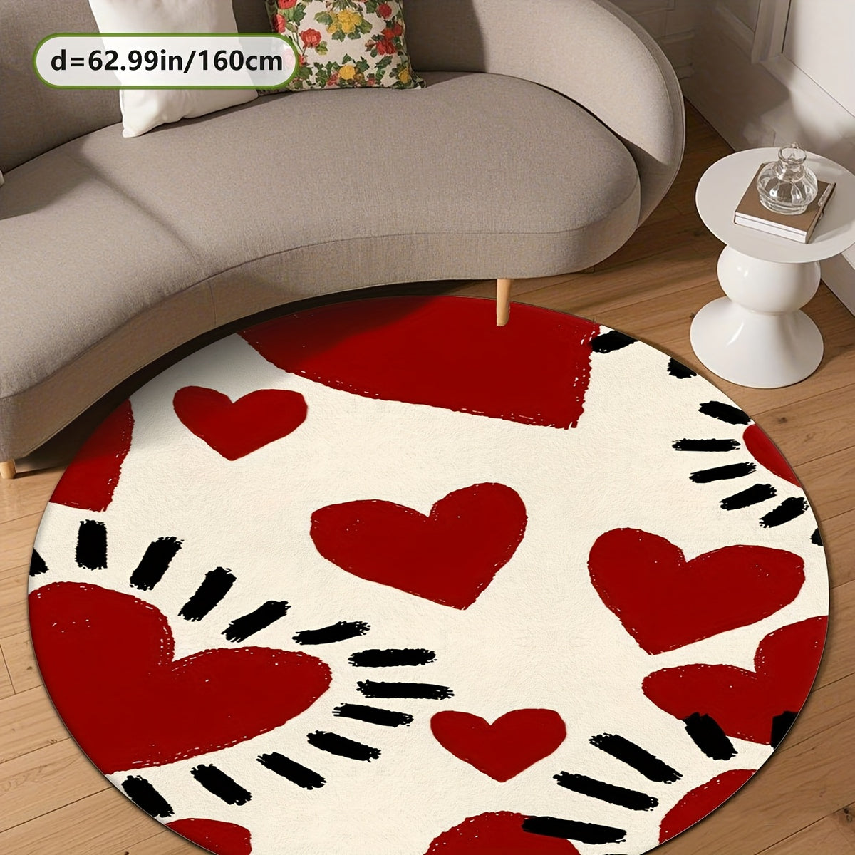 Tapis rond crème à grands cœurs rouges peints, Ø 100-200