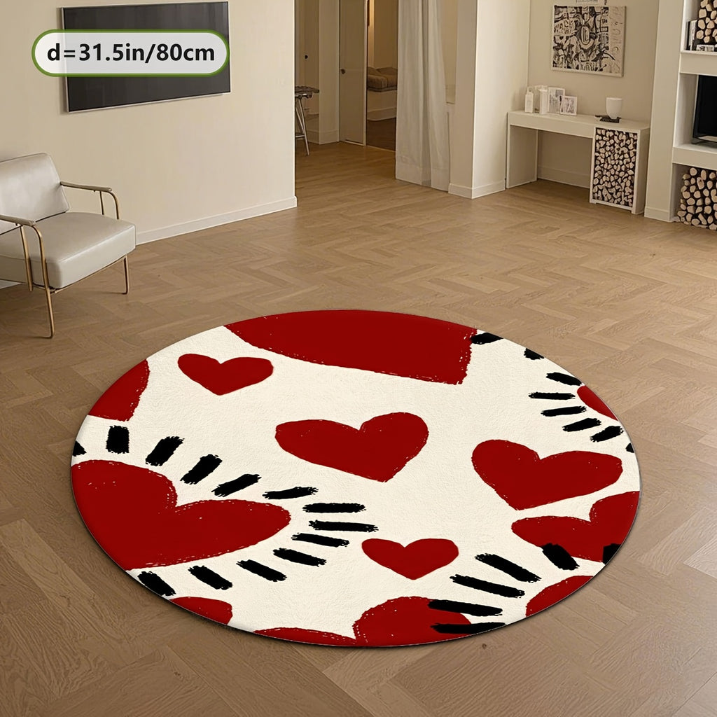Tapis rond crème à grands cœurs rouges peints, Ø 100-200