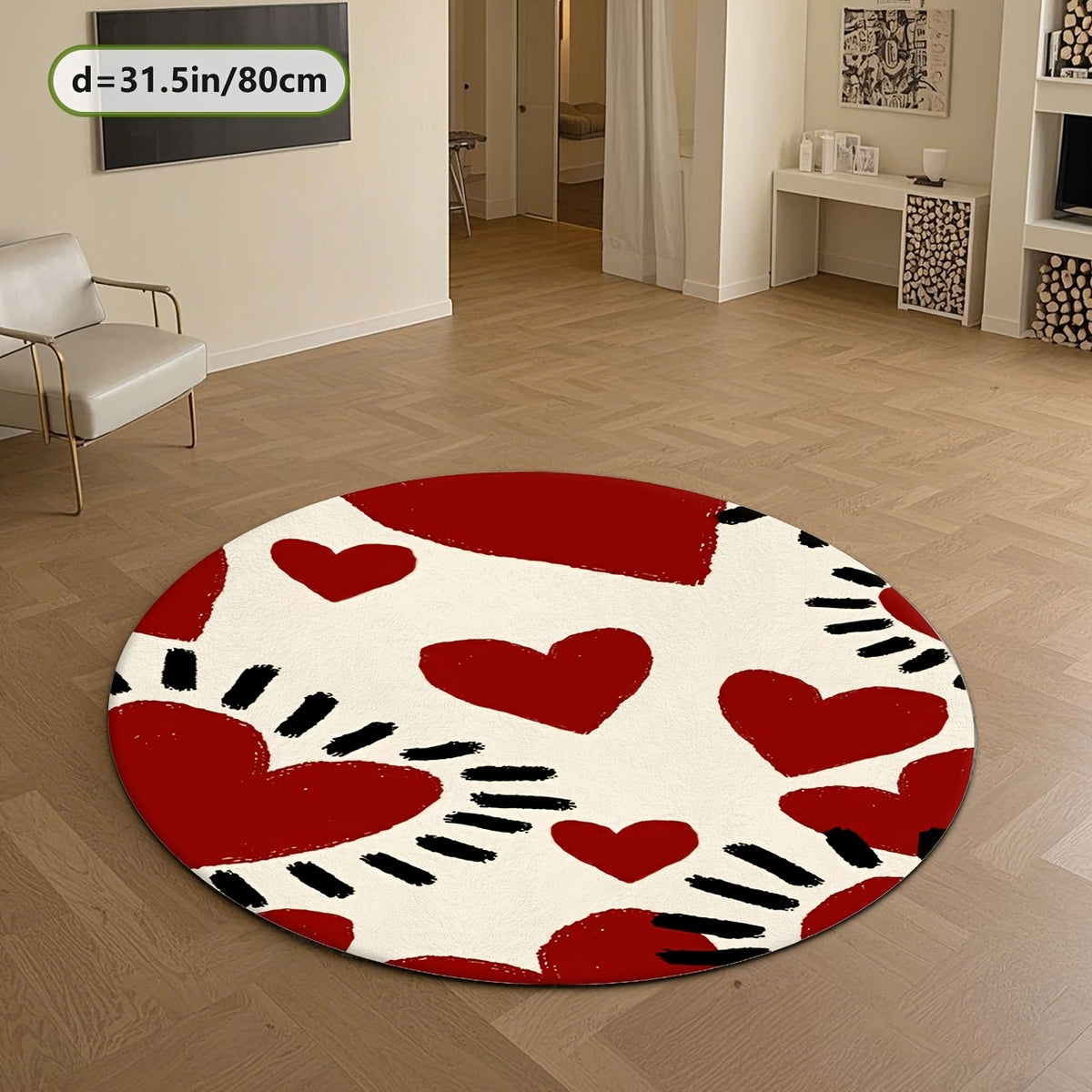 Tapis rond crème à grands cœurs rouges peints, Ø 100-200