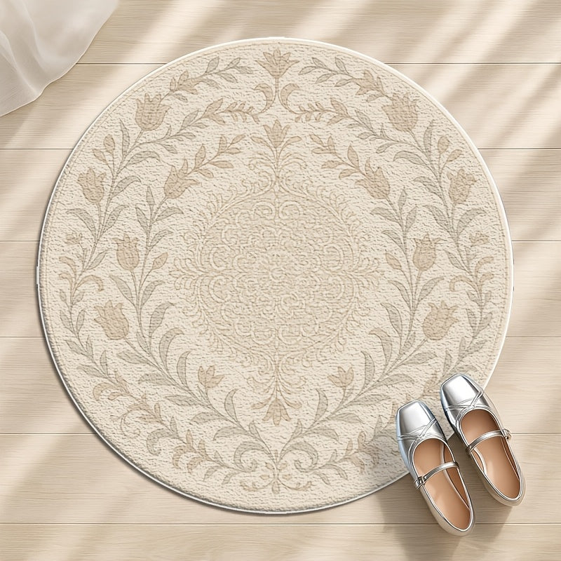 Tapis rond crème à couronne florale damassée, Ø 60 ou 80