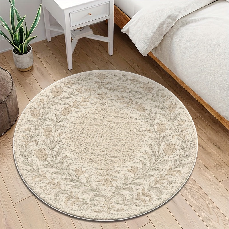Tapis rond crème à couronne florale damassée, Ø 60 ou 80
