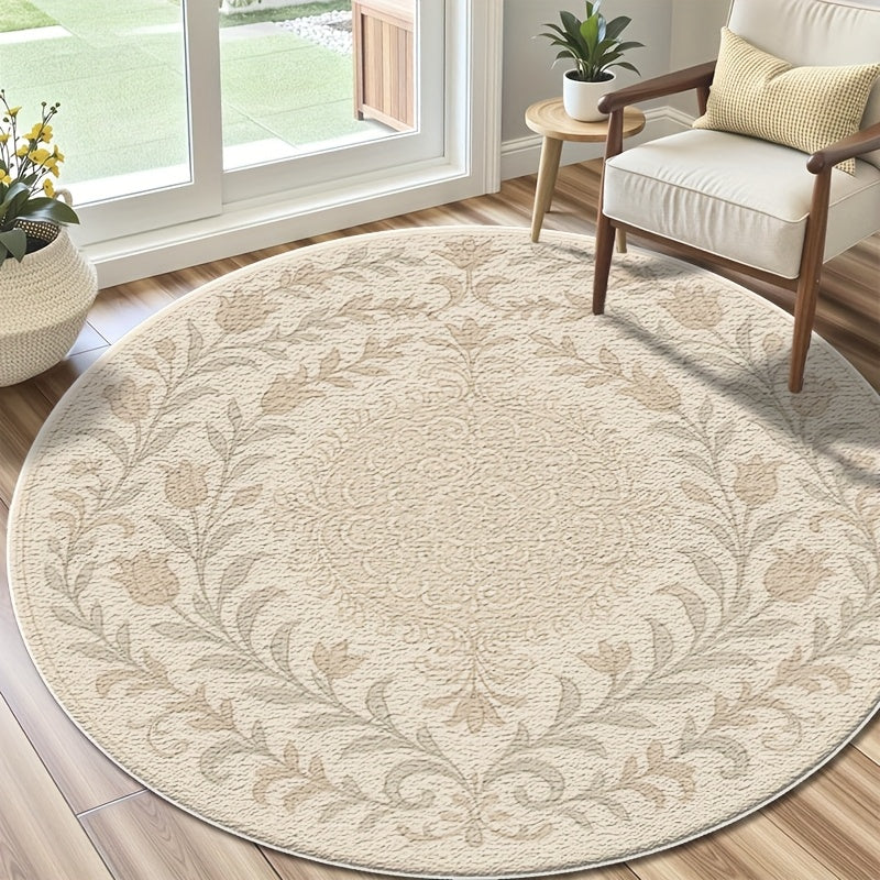 Tapis rond crème à couronne florale damassée, Ø 60 ou 80