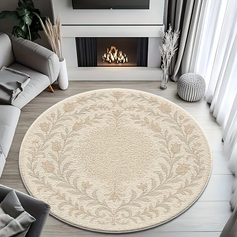 Tapis rond crème à couronne florale damassée, Ø 60 ou 80