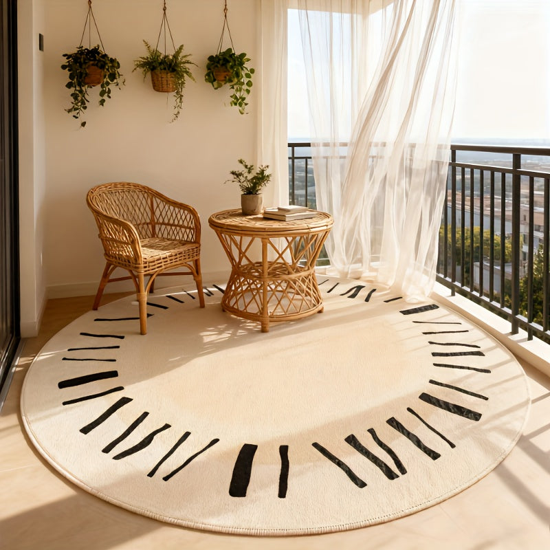 Tapis rond crème à couronne de traits noirs, esprit nordique