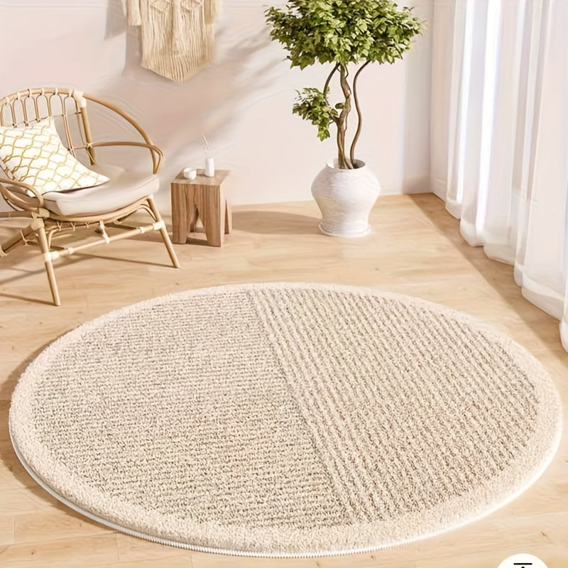 Tapis rond crème à deux demi-disques rayés, tissé à plat