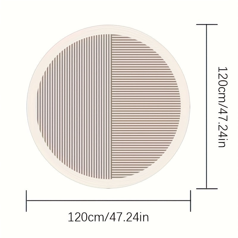 Tapis rond crème à deux demi-disques rayés, tissé à plat