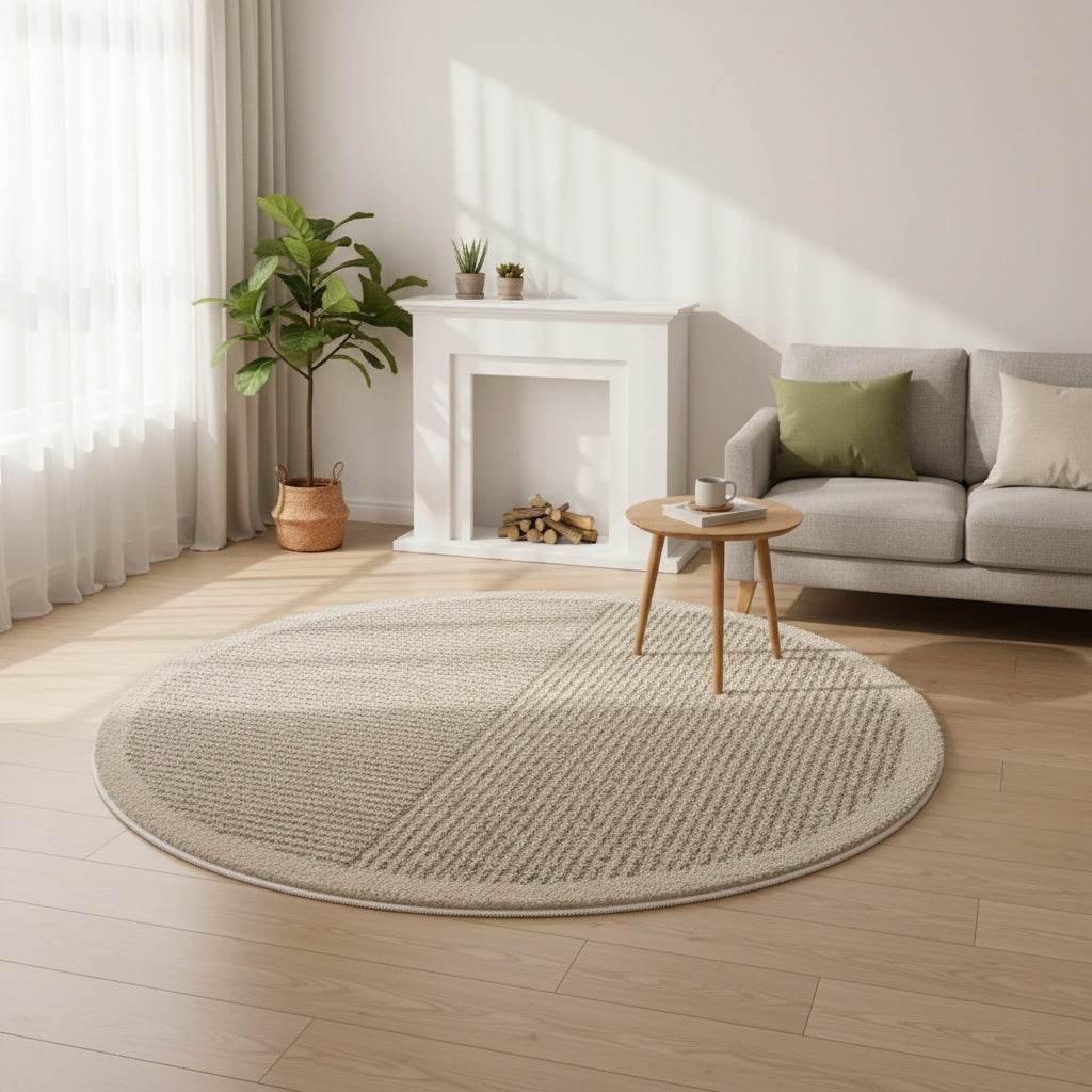 Tapis rond crème à deux demi-disques rayés, tissé à plat