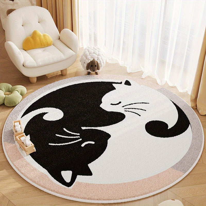 Tapis rond crème à deux chats noir et blanc, Ø 120 cm doux