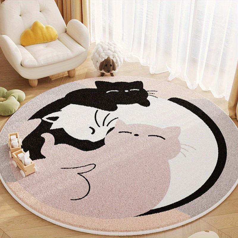 Tapis rond crème à deux chats noir et blanc, Ø 120 cm doux